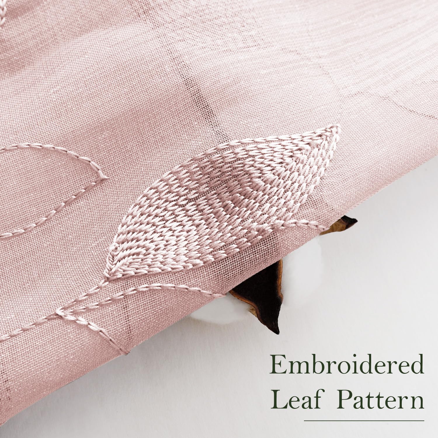 Homeideas Blush Pink Sheer Kitchen Curtains 52 X 54 Inch Length 2 Panels Embroidered Leaf Pattern Short Curtains For Bedroom Half/Small Bathroom Window Rod Pocket Tiers